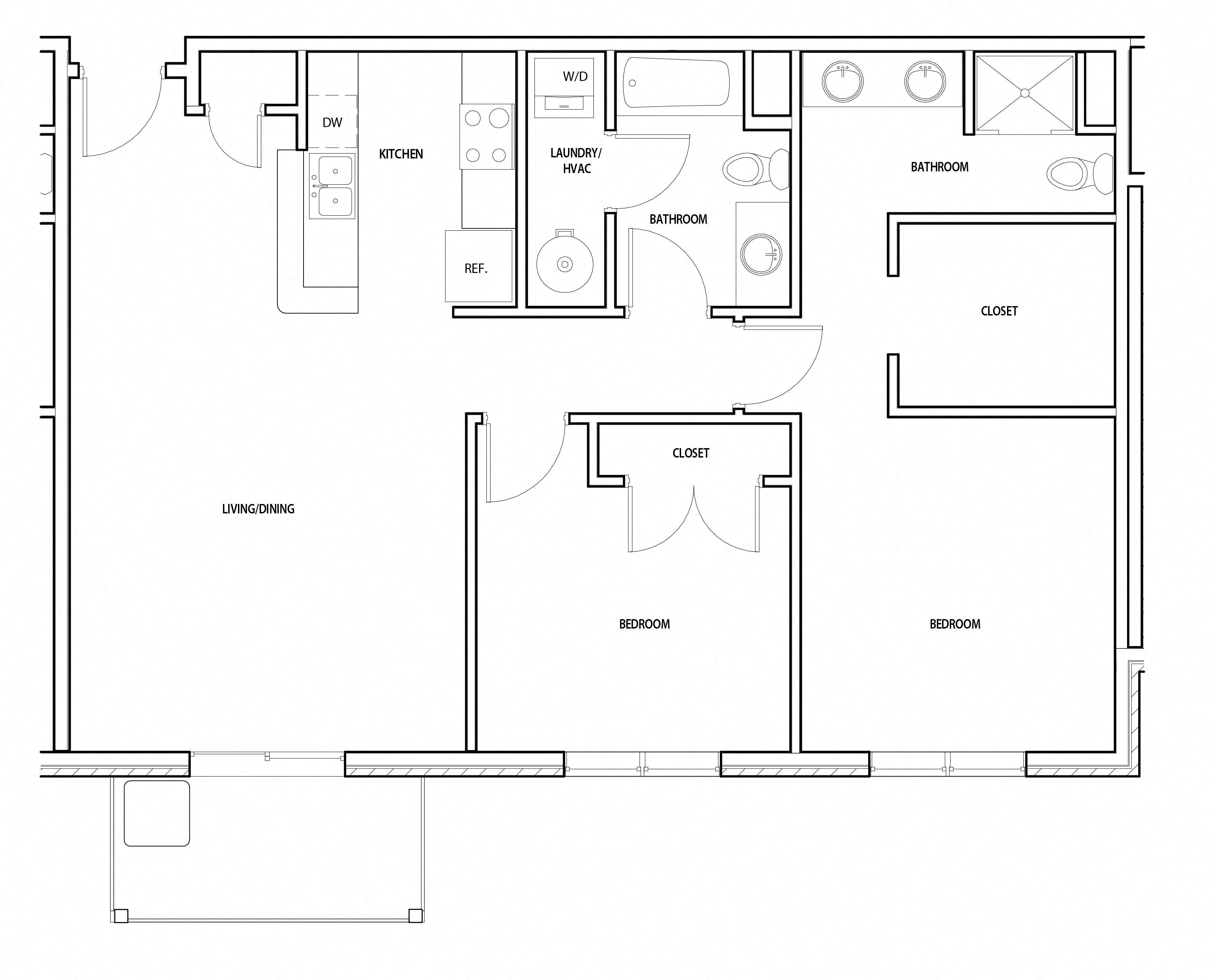 Floor plan for 2 beds, 2 baths, 1050 sqft